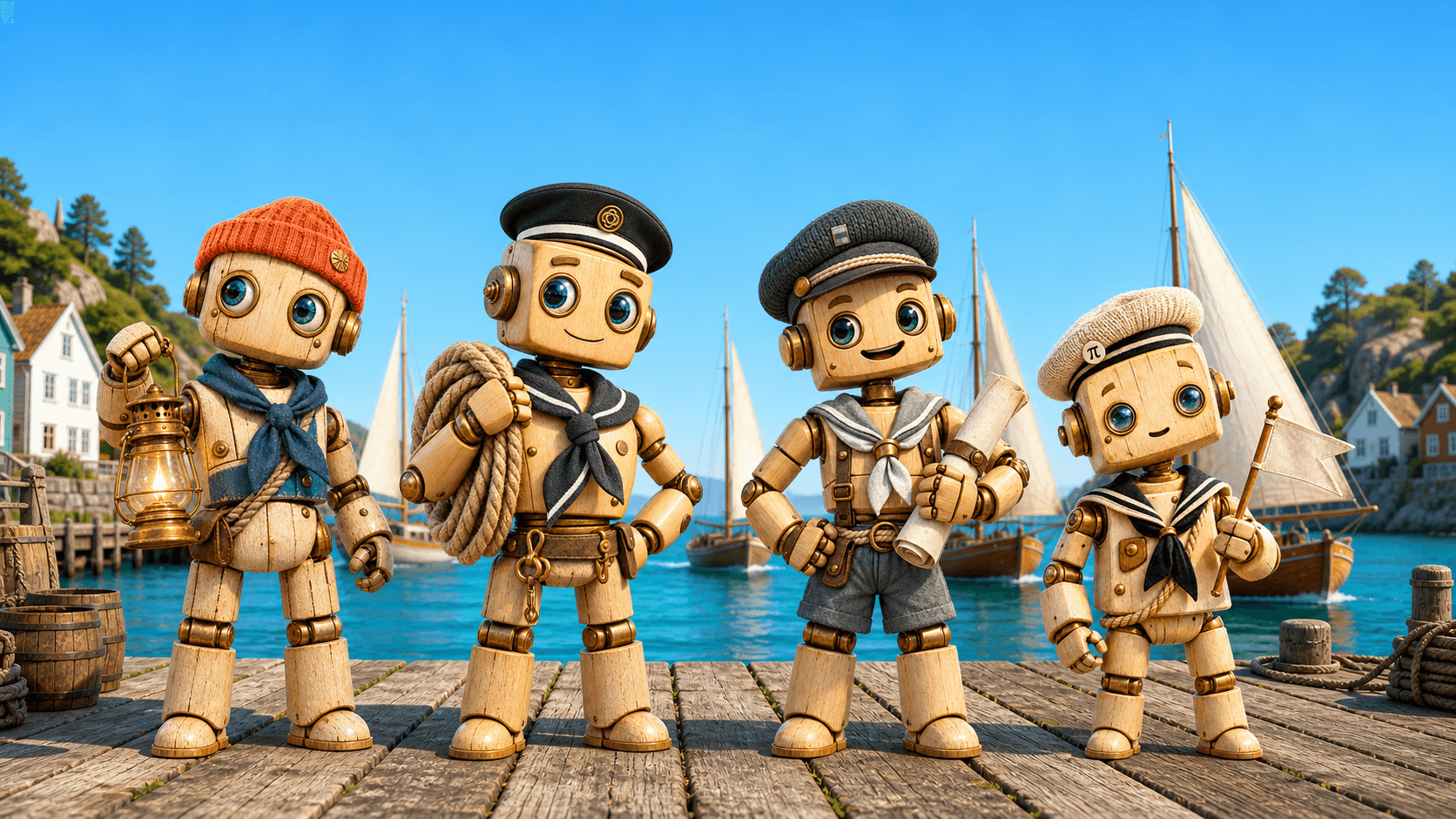 The four wooden robot sailors standing in a row on a sunlit dock with sailboats moored behind them