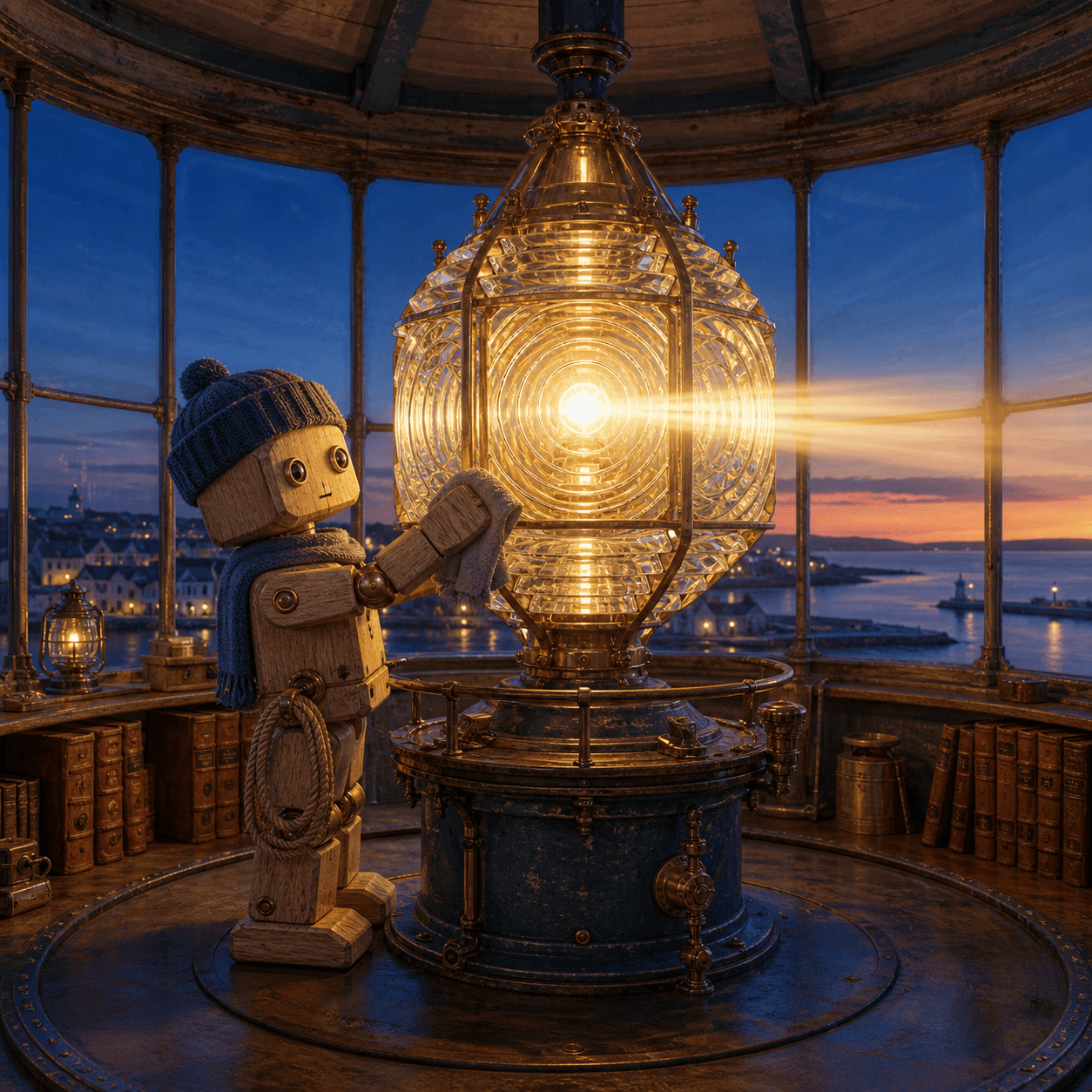 A wooden robot lighthouse keeper polishing the lens in a lamp room lined with logbooks