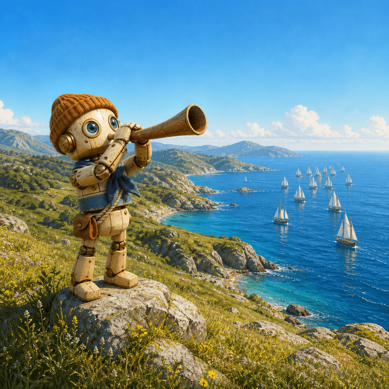 A wooden robot sailor on a headland blowing a horn as small boats leave their coves and gather into one fleet