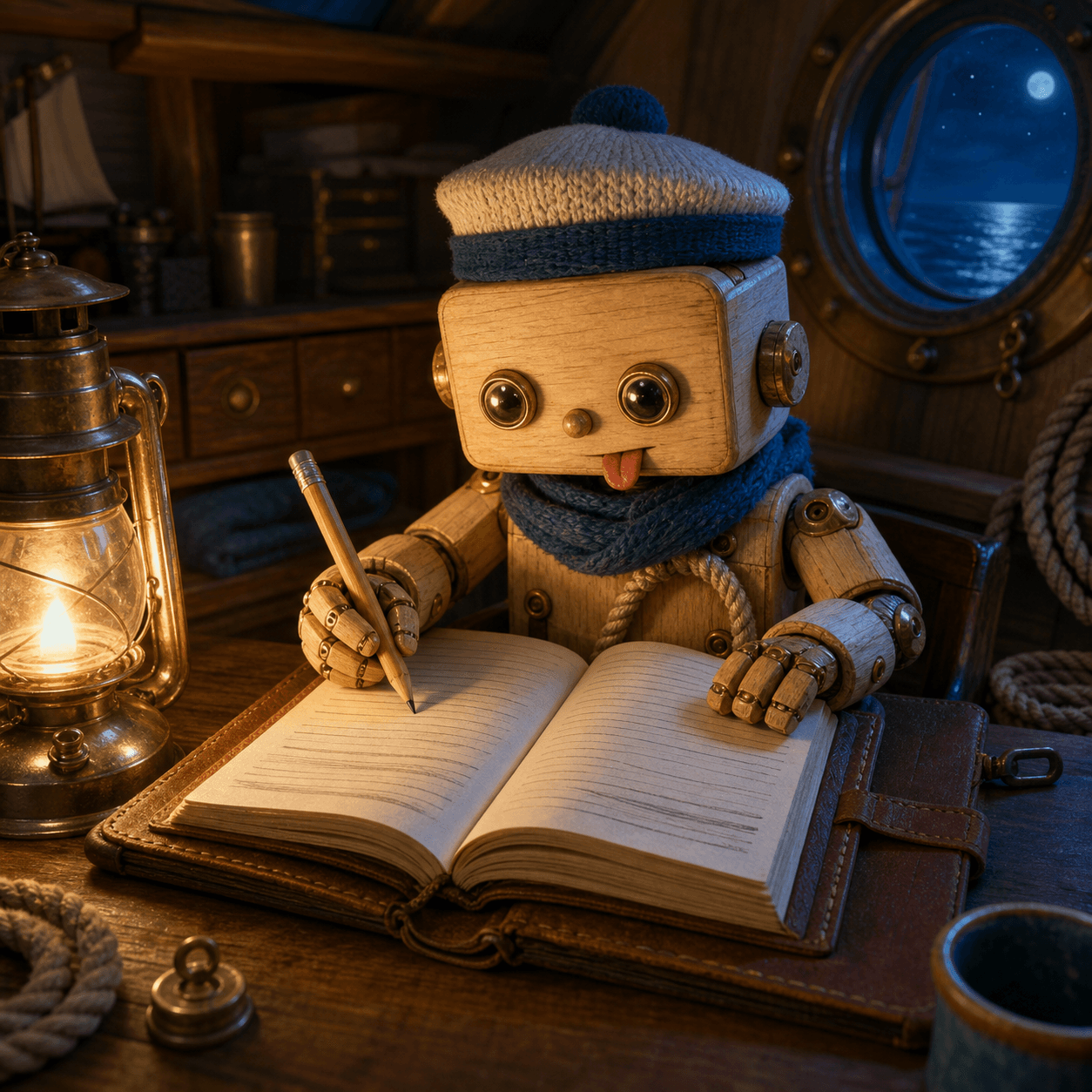 A wooden robot sailor writing in a ship's logbook by lantern light