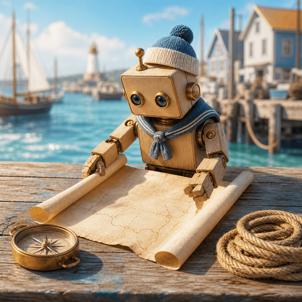 A wooden robot sailor unrolling a harbor chart on a dock table